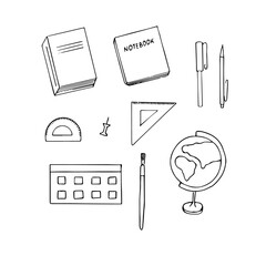 Education set, vector illustration, textbook, notebook, pen, pencil, ruler, globe, paint, brush, hand drawing