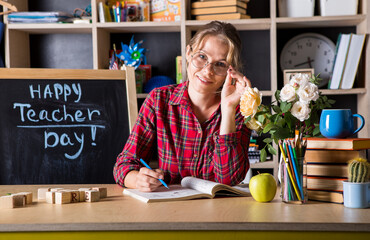 Formal education. Teacher pretty woman enjoy educational process in classroom. Teachers day.  (Soft...