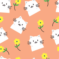 Seamless pattern cute white cat in pink background. simple vector for gift wrapping paper, fabric print.