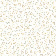 Vector Peach Green Gold Circles Triangles Squiggles on White Seamless Repeat Pattern. Background for textiles, cards, manufacturing, wallpapers, print, gift wrap and scrapbooking.