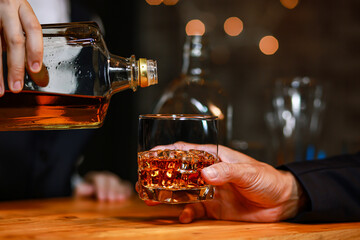 Bartender Serve Whiskey, on wood bar,