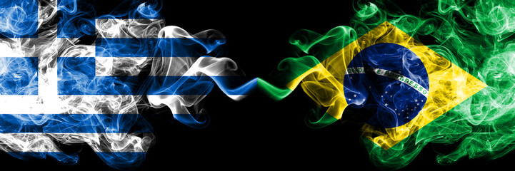 Greece vs Brazil, Brazilian smoky mystic flags placed side by side. Thick colored silky abstract smoke flags.
