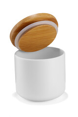 Detailed shot of a white ceramic storage jar with wooden lid. The low kitchen utensil for loose products is isolated on the white background. 