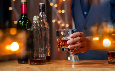 Bartender Serve Whiskey, on wood bar,