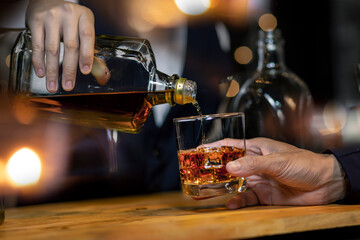 Bartender Serve Whiskey, on wood bar,