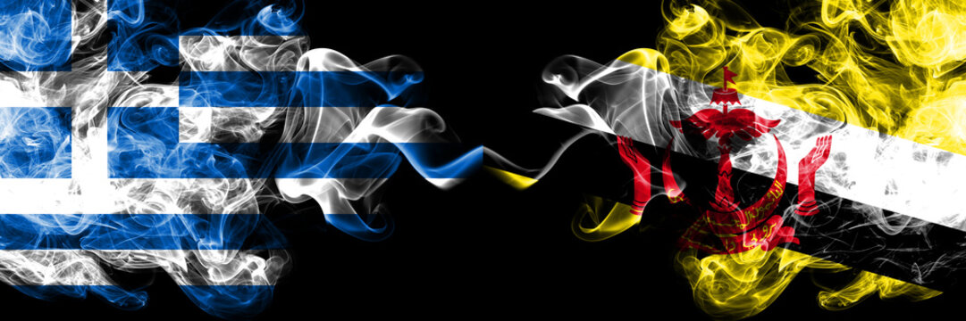 Greece vs Brunei, Bruneian smoky mystic flags placed side by side. Thick colored silky abstract smoke flags. - Powered by Adobe