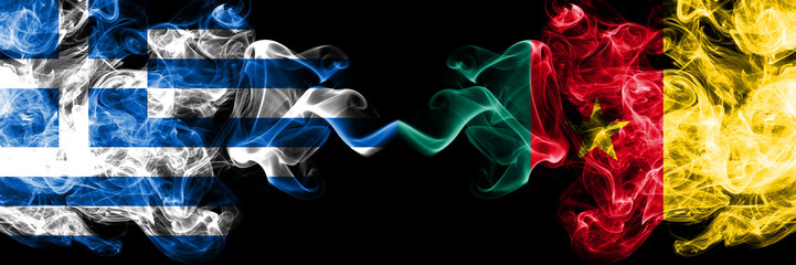 Greece vs Cameroon, Cameroonian smoky mystic flags placed side by side. Thick colored silky abstract smoke flags.