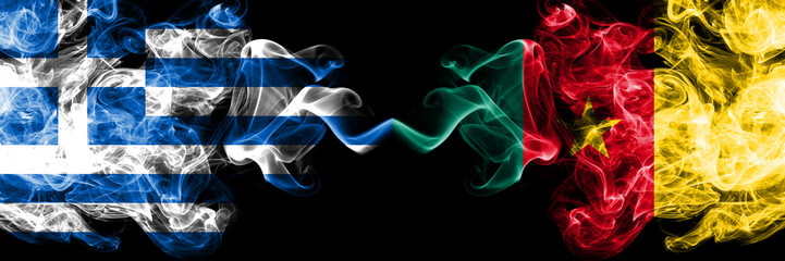 Obraz premium Greece vs Cameroon, Cameroonian smoky mystic flags placed side by side. Thick colored silky abstract smoke flags.