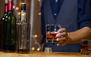 Bartender Serve Whiskey, on wood bar,