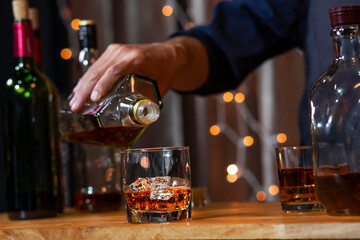 Bartender Serve Whiskey, on wood bar,
