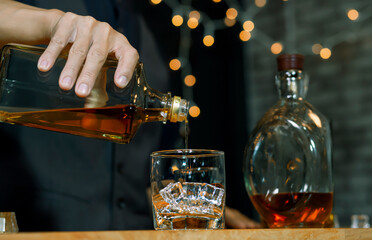Bartender Serve Whiskey, on wood bar,