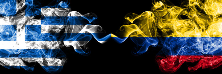 Greece vs Colombia, Colombian smoky mystic flags placed side by side. Thick colored silky abstract smoke flags.