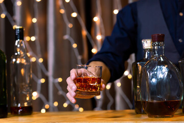 Bartender Serve Whiskey, on wood bar,