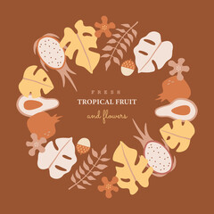 Tropical plants, leaves and fruits, greeting card, concept for posters, placards and banners in pastel colors. Hand drawn vector illustration in modern flat style, isolated on background.