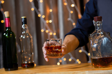 Bartender Serve Whiskey, on wood bar,