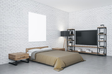 Modern bedroom with tv and blank billboard on brick wall.