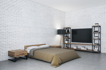 Modern bedroom with tv and blank brick wall.