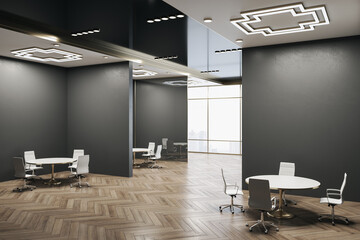 Modern conference room interior with panoramic city view
