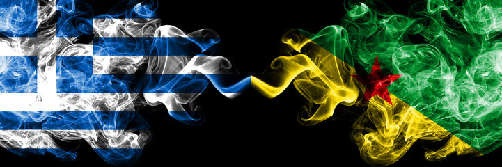 Greece vs French Guiana smoky mystic flags placed side by side. Thick colored silky abstract smoke flags.