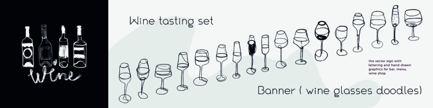 Wine glass line art doodles for bar banner, local wine event, wine tasting course, wines menu card. Vector sketch wine glasses on white background — natural pencil texture. Winery seamless pattern.