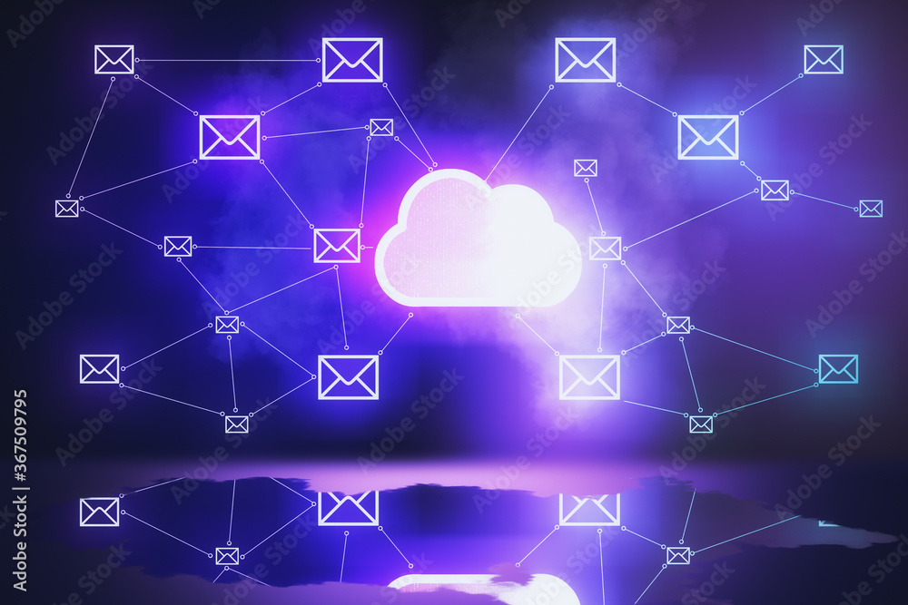 Poster glowing cloud with map and email network.