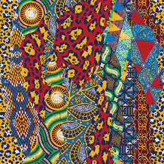 Traditional african fabric and wild animal skins patchwork abstract vector seamless pattern