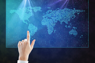 Obraz na płótnie Canvas Businessman hand pushing world map interface.