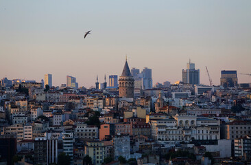 The iconic Galata Tower is seen in the center of the skyline of Istanbul, Turkey, in a picture taken from the Suleymaniye mosque during a summer afternoon.