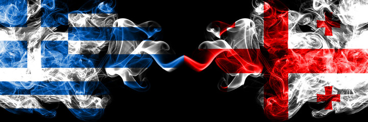 Greece vs Georgia, Georgian smoky mystic flags placed side by side. Thick colored silky abstract smoke flags.