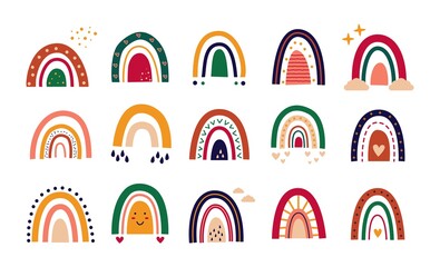 Abstract childish rainbows. Scandinavian flat rainbow shapes with ornaments, hand drawn colored set. Vector trendy illustration