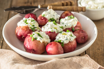 Young, boiled potatoes with Labneh middle eastern lebanese cream cheese  and green onion on a wooden background