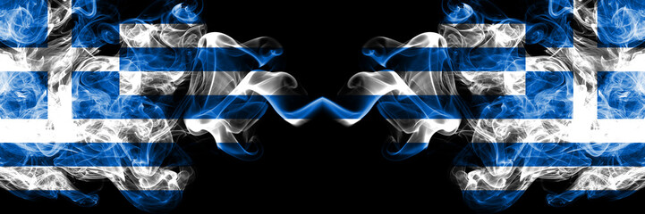 Greece vs Greece, Greek smoky mystic flags placed side by side. Thick colored silky abstract smoke...