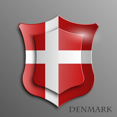 Kingdom of Denmark Flag on a Shiny Shield, Illustration isolate on Grey Background
