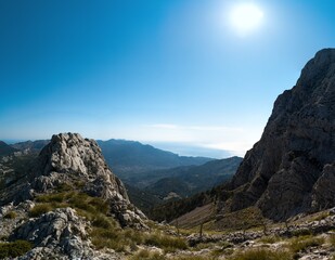 Horizontal photo of a view from a mountain of the Valley of Soller (Serra de Tramuntana, Mallorca, Spain)