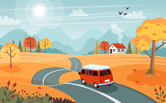 Autumn trip. Landscape with a cute van on the road. Vector illustration in flat style
