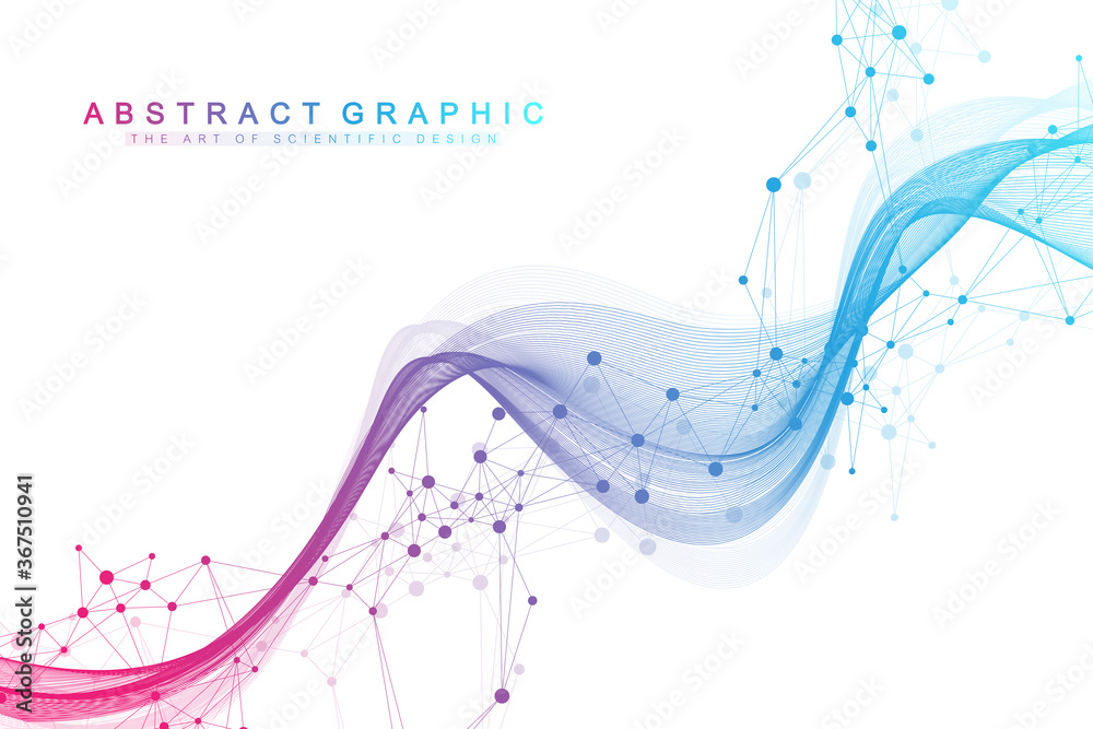 Poster Geometric abstract background with connected lines and dots. Connectivity flow point. Molecule and communication background. Graphic connection background for your design. Vector illustration.