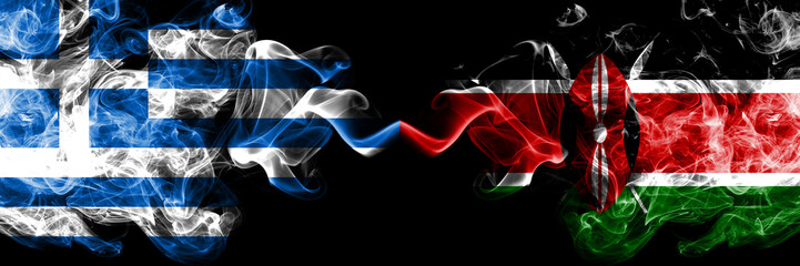 Greece vs Kenya, Kenyan smoky mystic flags placed side by side. Thick colored silky abstract smoke flags.