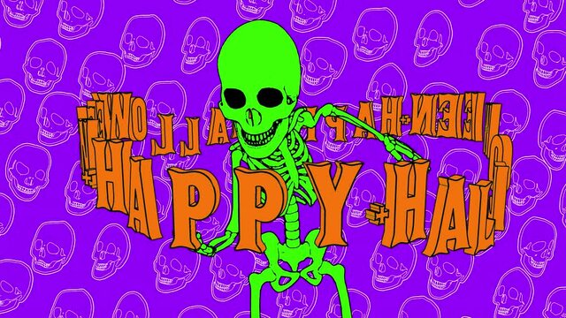 Seamless funny animation of dancing skeleton in comic style and among Halloween text. Halloween zine culture video loop with a trendy cartoon illustration look special for clubs and parties.