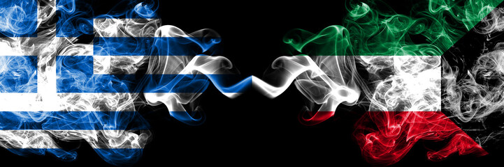 Greece vs Kuwait, Kuwaiti smoky mystic flags placed side by side. Thick colored silky abstract smoke flags.