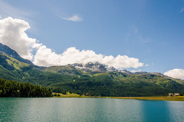 Surlej, Silvaplana, Corvatsch, Piz Corvatsch, Lej da Champfèr, Champfèrsee, Silvaplanersee, Wanderweg, Oberengadin, Engadin, Malojawind, Wassersport, Bergbahn, Alpen, Graubünden, Sommer, Schweiz
