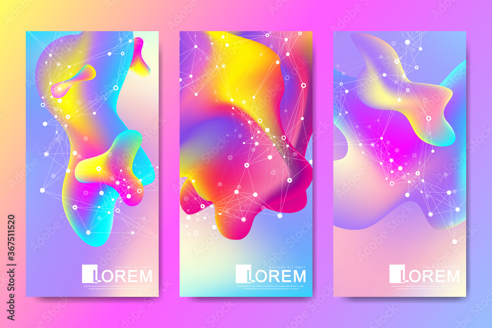Poster Vector design templates in trendy vibrant gradient colors with abstract fluid shapes, paint splashes, ink drops for flyers design, banners, brochure. Abstract fluid 3d shape.