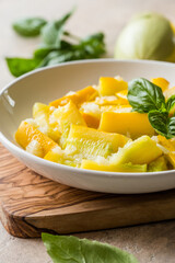 Healthy Organic Boiled  zucchini with garlic and basil. Ready to Serve. Italian food