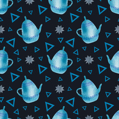 Watercolor seamless pattern of blue teapots