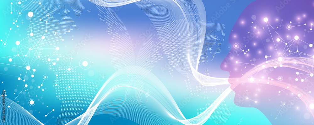 Poster Artificial Intelligence and Machine Learning Vector Concept in Neural Network. AI Web Banner Design with Human Face. Wave Flow Communication. Digital Network for Artificial Intelligence Deep Learning.