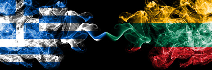 Greece vs Lithuania, Lithuanian smoky mystic flags placed side by side. Thick colored silky abstract smoke flags.