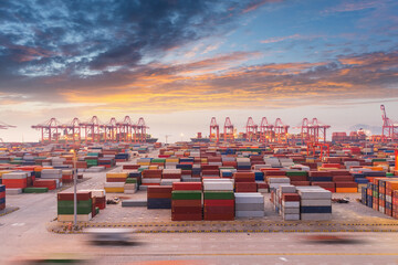 container port in sunset - obrazy, fototapety, plakaty