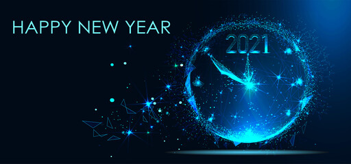 Happy New Year 2021. New Year Shining background with clock and glitter. Triangles and particle style design. Polygon vector wireframe concept. Headline