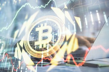 Blockchain theme hologram with man working on computer on background. Concept of crypto chain. Double exposure.