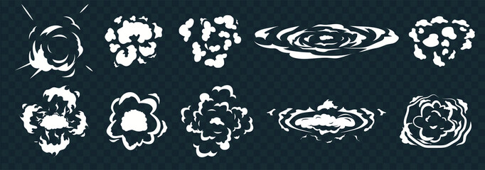 The animation of the explosion. Cartoon smoke explosion frames are isolated on a transparent background. Exploding fire, explosions dynamite bomb energy. Movement puff effect, flash motion boom.Vector