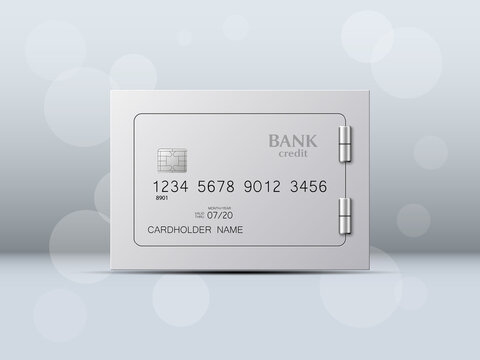 Credit card with Electronic lock picture. Bank door card with image combination lock on front side. Plastic card with steel safe. Debit card with electromagnetic locking devices chip. safety